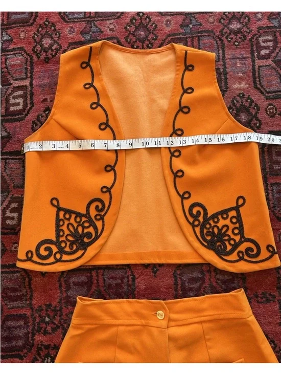 Vintage 70s Orange Skirt Set Embroidered Vest Mod Boho XS/S Coachella - Picture 7 of 11